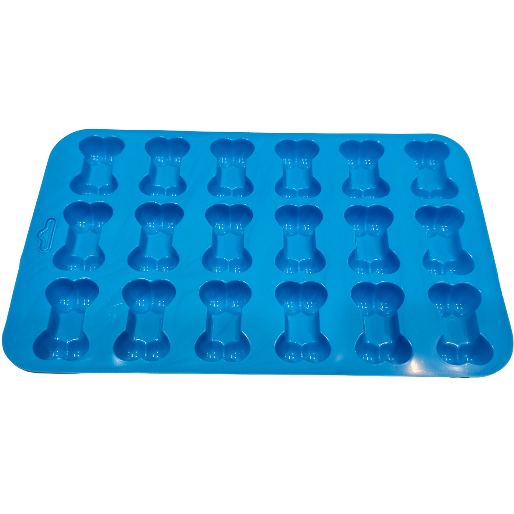 Blue silicone mold with bone-shaped cavities on a white background