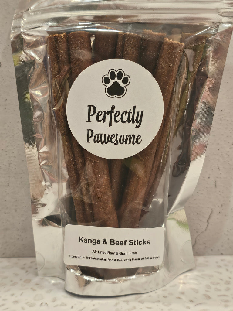 kangaroo and beef chewy dog snack sticks in a perfectly pawesome branded  bag