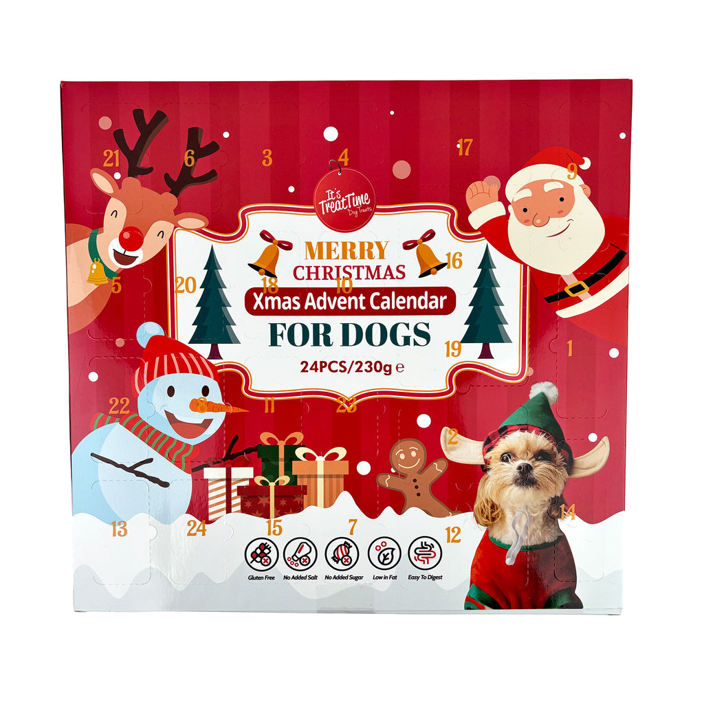 Dog Christmas Advent Calendar with festive illustrations on a red background