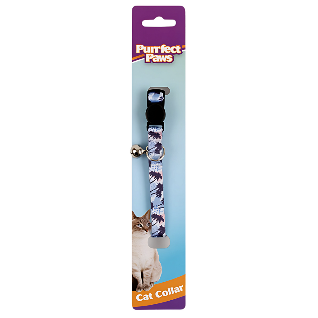 Cat collar with palm tree patterned design on a 'Purrfect Paws' branded package