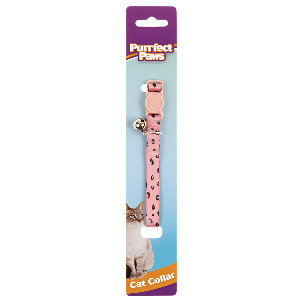 Pink cat collar with print on a 'Purrfect Paws' branded card.