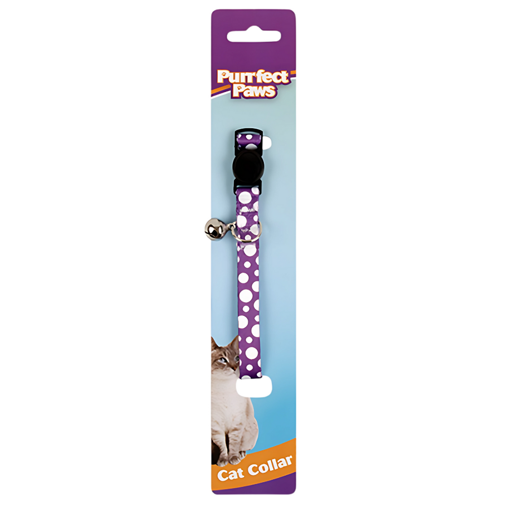 Purple polka dot cat collar with bell on a Purrfect Paws packaging