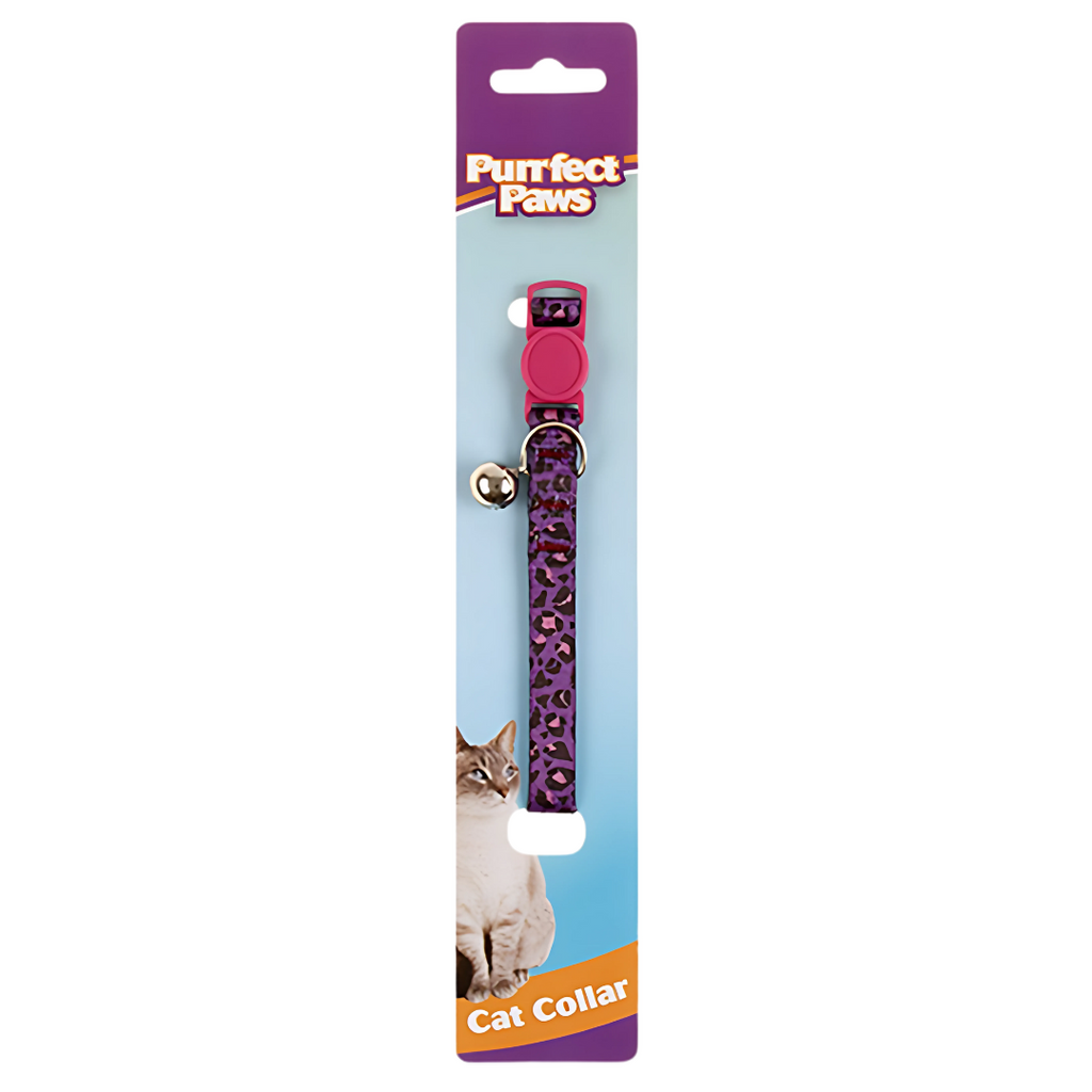 Purple leopard printed Cat collar with bell on a 'Purrfect Paws' branded package