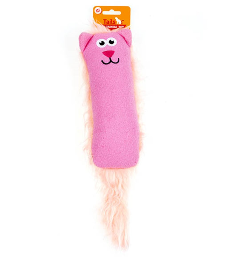 Pink rat shaped cat toy with crinkle paper and a fluffy tail with a smiling face on a white background