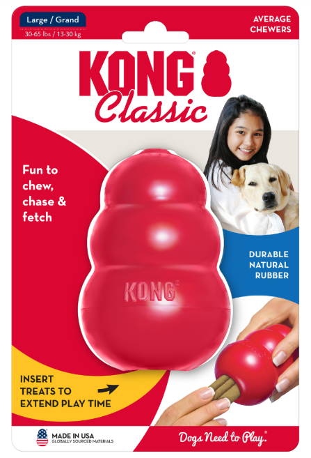 KONG Classic dog toy packaging with a red toy and text on a white background