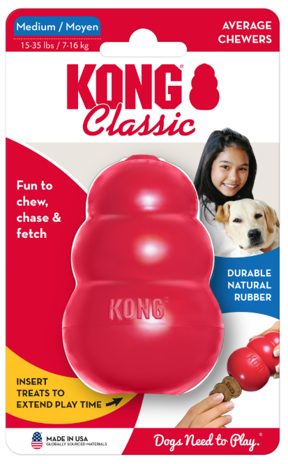 KONG Classic dog toy packaging with a red and white design, featuring text and images of a dog and a person.