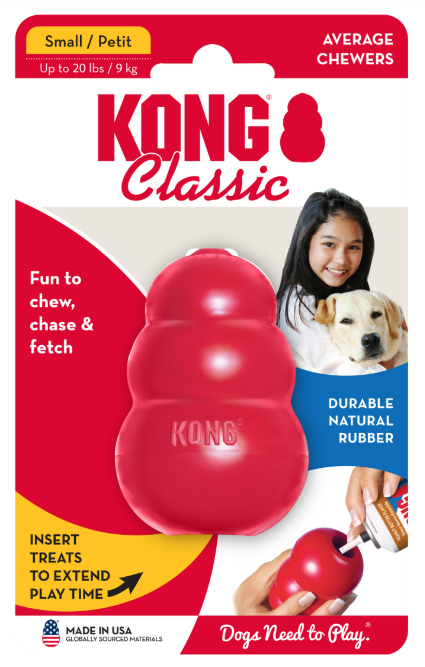 KONG Classic dog toy packaging with a red KONG toy and text on a white background
