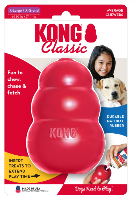 Red KONG Classic dog toy packaging with a child and dog on a white background