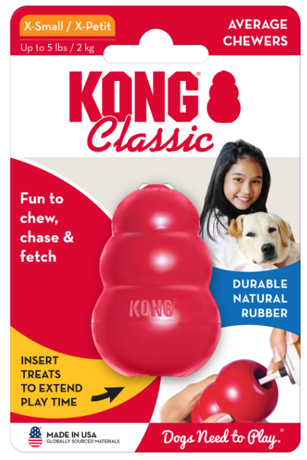 KONG Classic dog toy packaging with a red toy and text on a white background