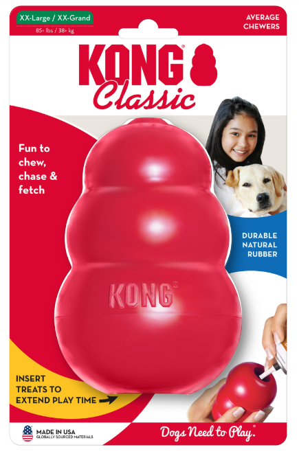 KONG Classic dog toy packaging with a red KONG toy and text on a white background
