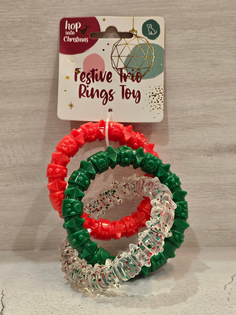 multiple coloured set of three interlinked rings dog toy