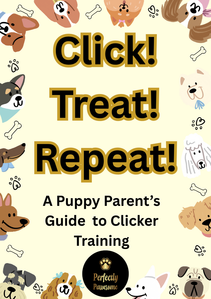 Book cover of 'Click! Treat! Repeat! A Puppy Parent's Guide to Clicker Training' with dog illustrations and text.