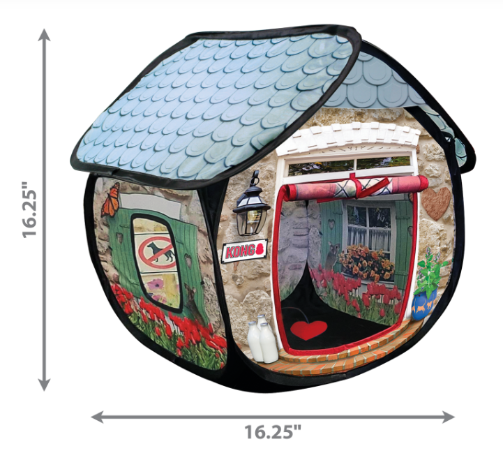 Foldable cat playhouse with colorful design and dimensions indicated
