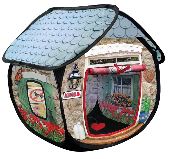 KONG cat bungalow shanped playhouse with a designed facade on a white background