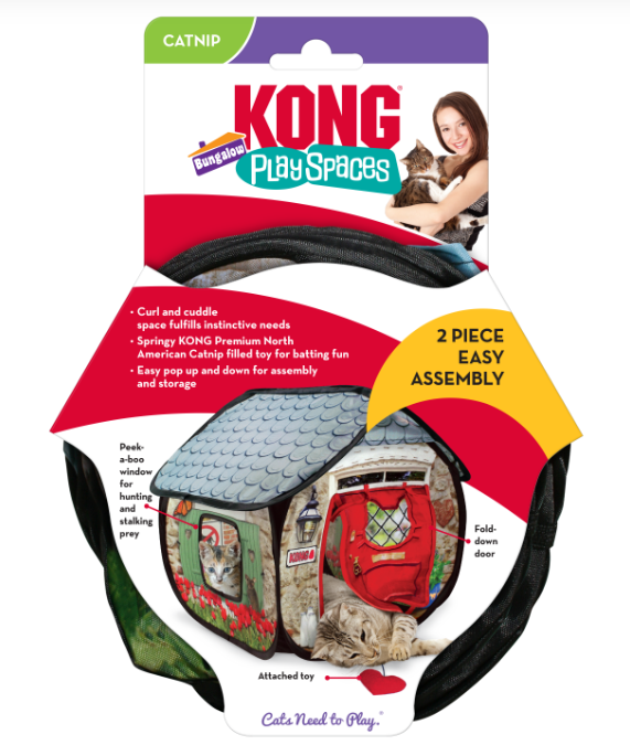 KONG Play Spaces pop up cat house toy packaging with a woman and cat on the label
