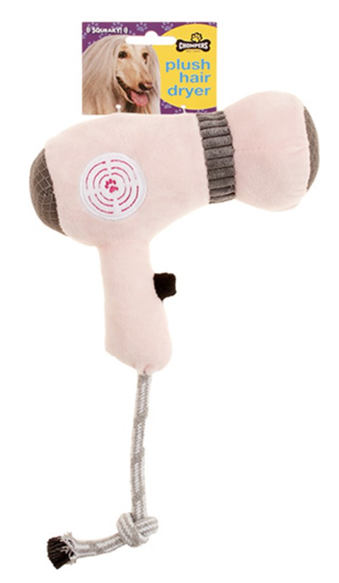 A plush pink dog toy designed to resemble a hairdryer, complete with a rope for interactive play. The toy has a realistic appearance with details such as buttons and a handle, and includes a squeaker to entertain the dog.