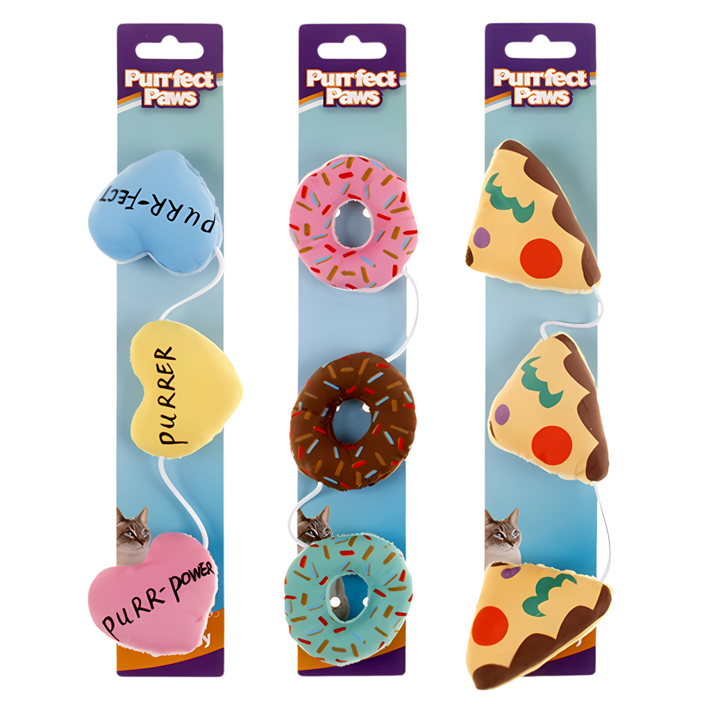 Three packages of 'Purrfect Paws' cat toys with various shapes and designs on a white background.