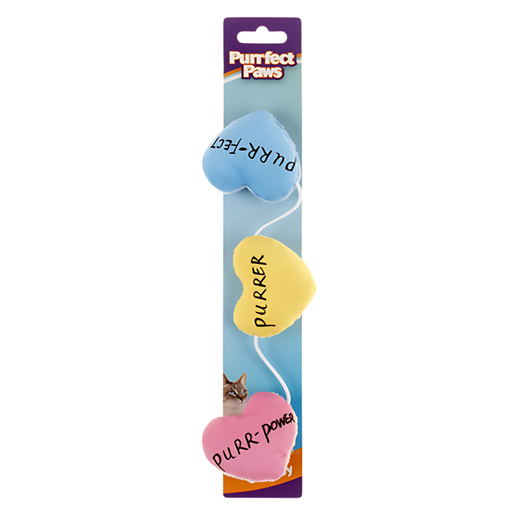 Packaged cat toy with heart-shaped pads labeled 'Purr-Power', 'Purr-Fect', and 'Purrer' on a white background.