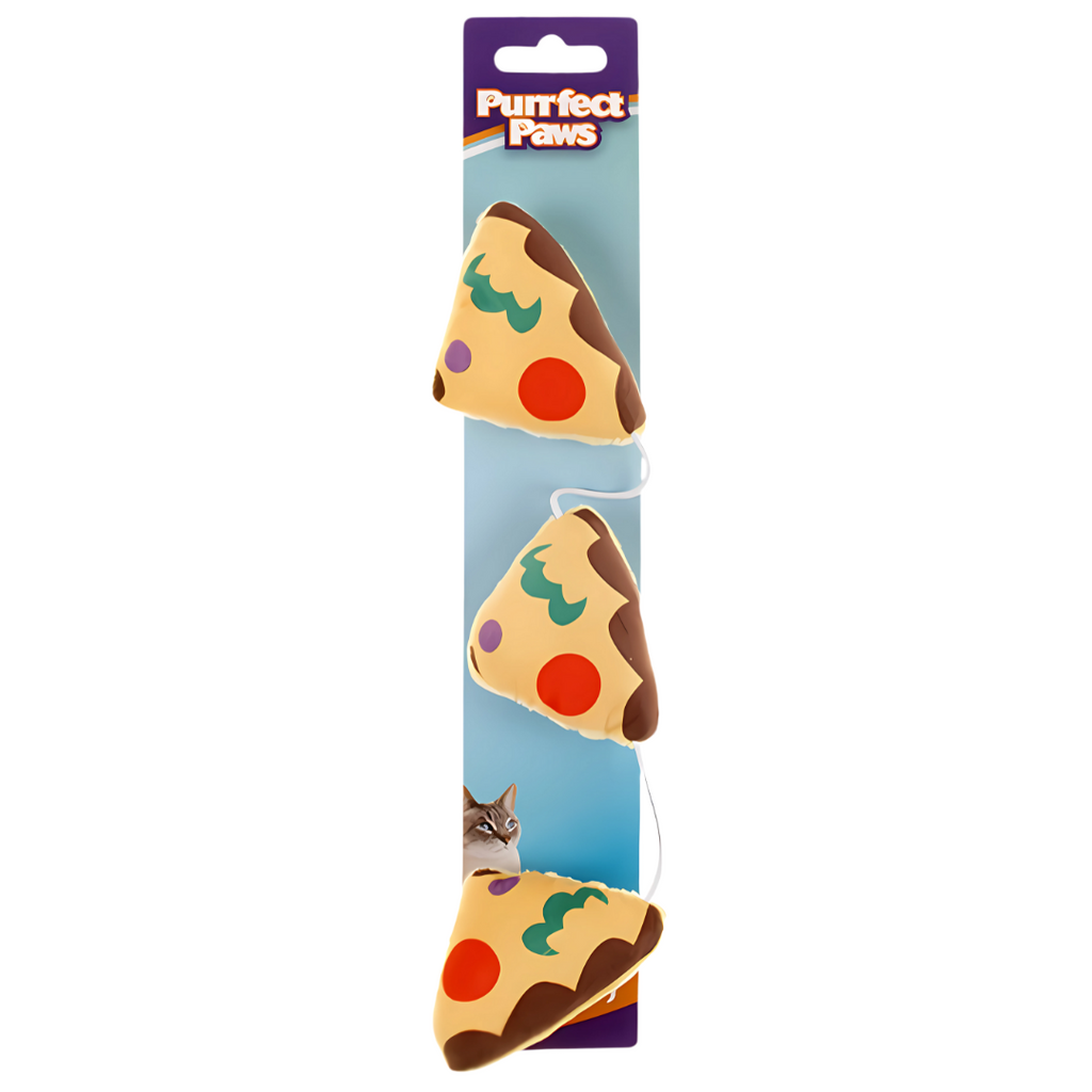 Cat toy shaped like pizza slices on a 'Purrfect Paws' packaging with a cat illustration.