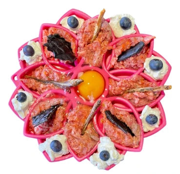 SodaPup Mandala eTray Slowfeeder for Dogs in Pink filled with enrichment type dog food and healthy treats