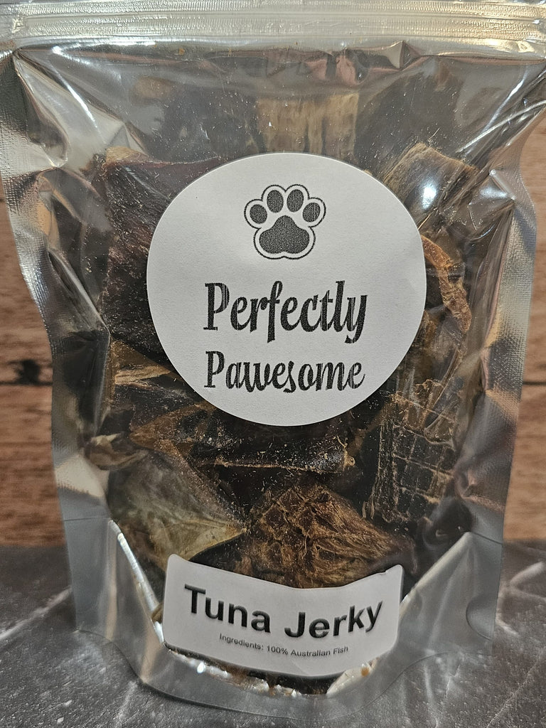 closed up of tuna jerky in heat sealed bag for tamper proofness, with resealable zipper lock