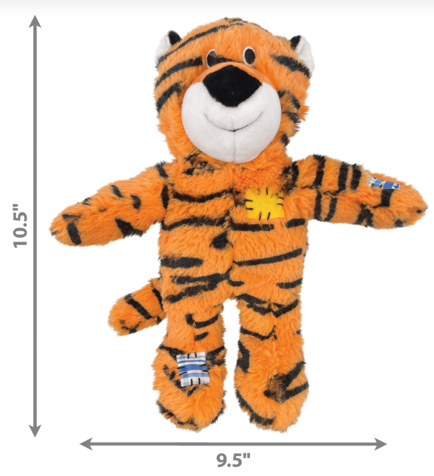 KONG Wild Knots Plush tiger toy (Medium to Large) with rope skeleton with dimensions indicated on a white background