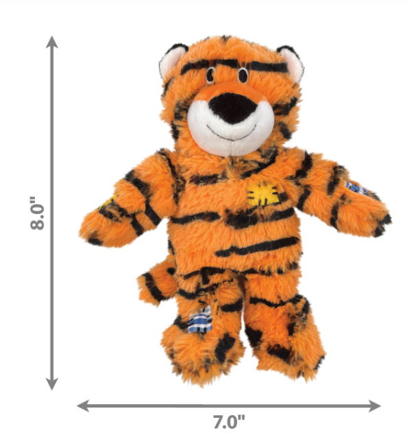 KONG Wild Knots Plush tiger toy (Small to Medium) with  rope skeleton with dimensions indicated on a white background